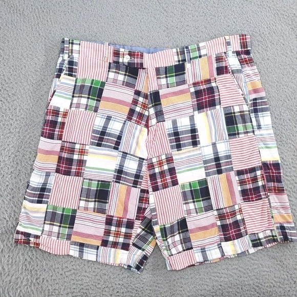 Peter Millar Shorts Mens 36 Madras Plaid Striped Patchwork Slash Pockets Chino