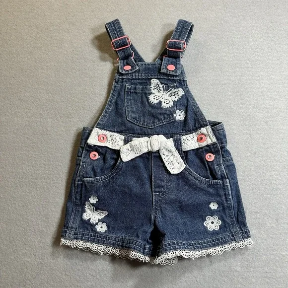 Baby Girl Denim Shortalls Size 2T Butterfly Lace Bow Embroidered Overalls