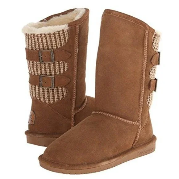 Bearpaw Boshie Suede Mid Calf Snow Boots Sheepskin Lined Winter Booties Sz 8 NEW
