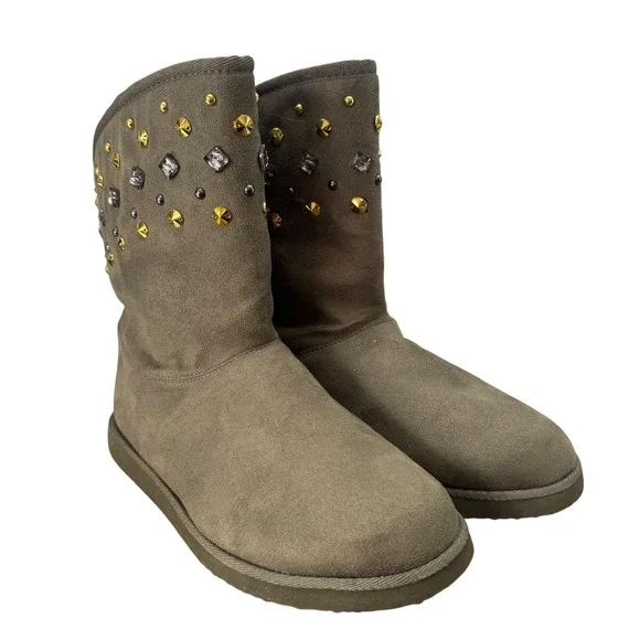 Old Navy Women's 9 Taupe Faux Fur Lined Winter Boots Jewel Embellished Neutral‎