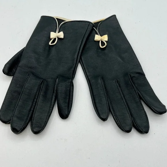Vintage Black Leather Gloves Cream Bow Detail Sz Large Made in Japan Womens READ