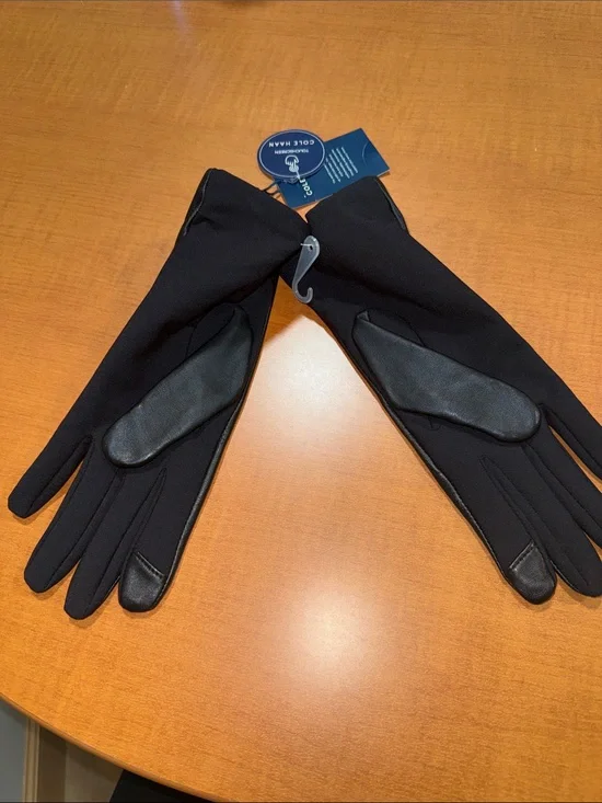 Cole Haan Black Leather and Fabric Dress Gloves