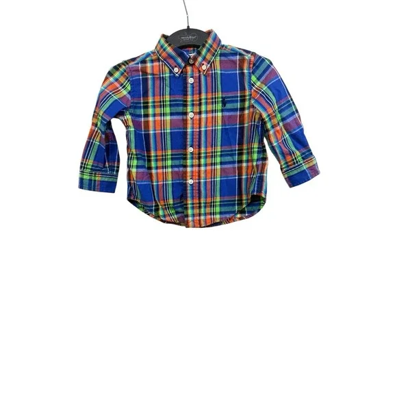 Ralph Lauren Boys 12 Mo Multicolored‎ Plaid Long Sleeve Buttoned Down Shirt Logo