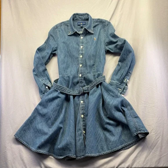 Ralph Lauren Girls Denim Shirt Dress Blue Long Sleeve‎ Belt Button Front Size 10
