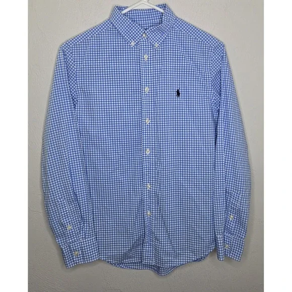 Ralph Lauren Boy Size Large 14-16 Ghingam Check Button Down Blue White Logo Pony