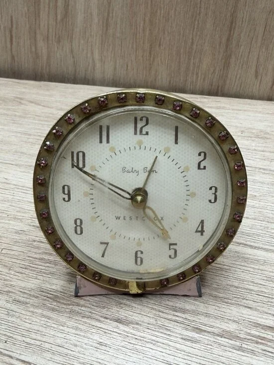 Vtg Baby Ben Alarm Clock Pink W/Brass Plated Base And Pink Stones In Lens Bezel