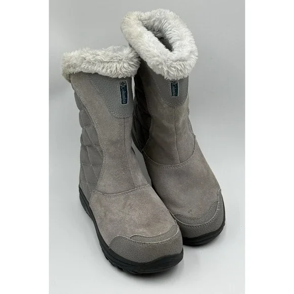Columbia Ice Maiden II Gray Suede/Fabric Faux Fur Trim‎ Slip-On Snow Boots 5.5