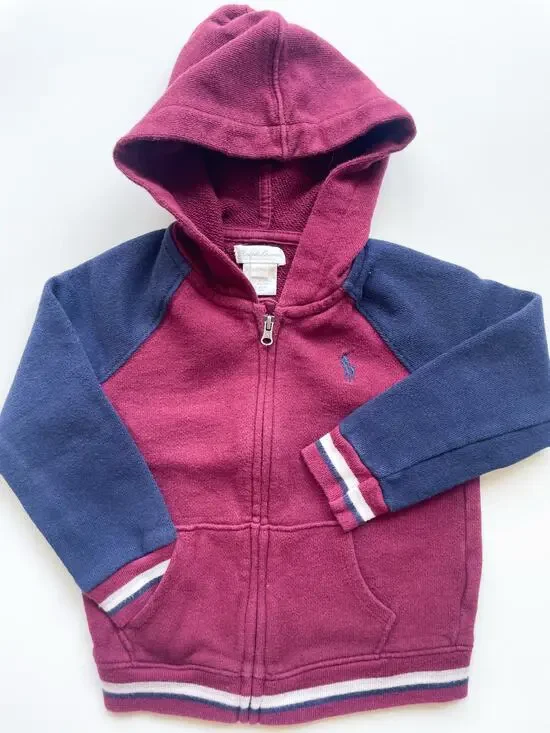 Toddler Boy's Ralph Lauren Maroon and Navy Zip Up Hooded Sweatshirt Size 24 Mo.