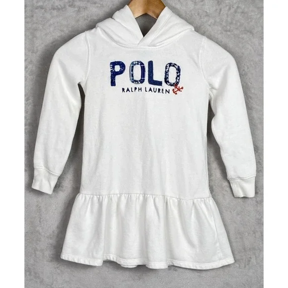 Polo‎ Ralph Lauren Girls Hoodie Dress White Quilted Logo Sz 6 Hooded Long Sleeve