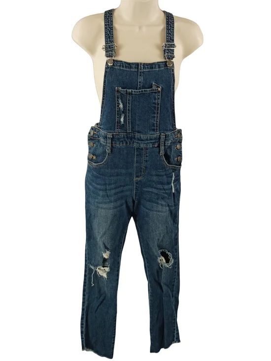 Treasure & Bond Distressed Blue Denim Overalls with Contrast Stitching
