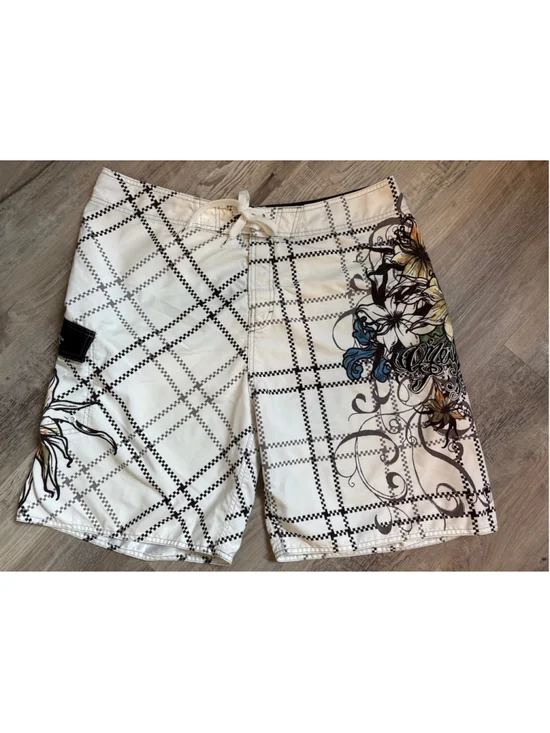 Vintage O'Neill Y2K Board Shorts White Plaid Grid Floral Graphic Size 36