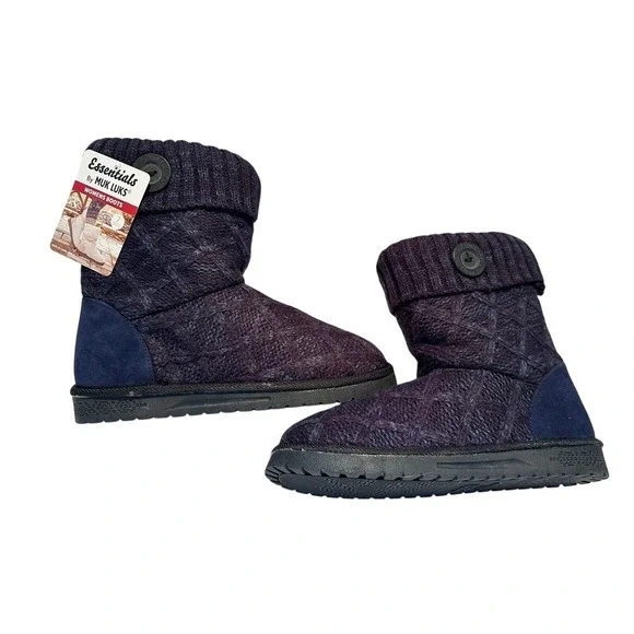 NWT Muk Luks Womens Knit Button Booties Navy Black Cozy Slipper Boots Sz 7