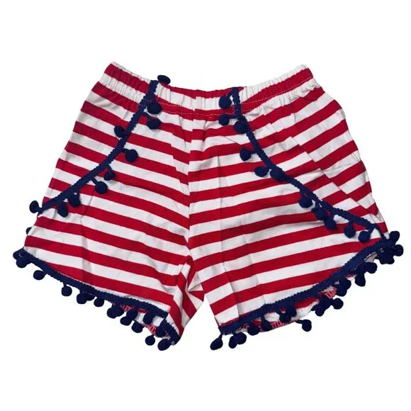 THBC Shorts Girls L Red White Striped Cotton Pom Pom Elastic Waist