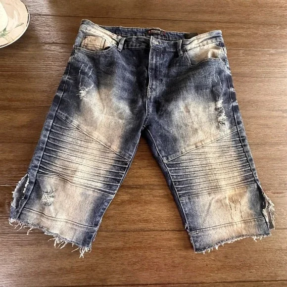 Southpole Denim Biker Streetwear Shorts Mens Size 38 Blue‎ Distressed Cut Off