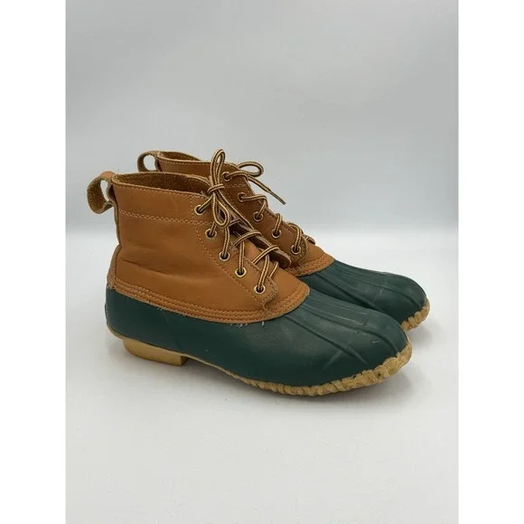 Vintage Eddie Bauer Duck Boots Green Tan Leather Rain Boots Women's Size 9