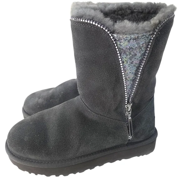 Ugg Classic Short Zip Boots Suede Sheepskin Sequin Zipper Womens 5 Gray Winter