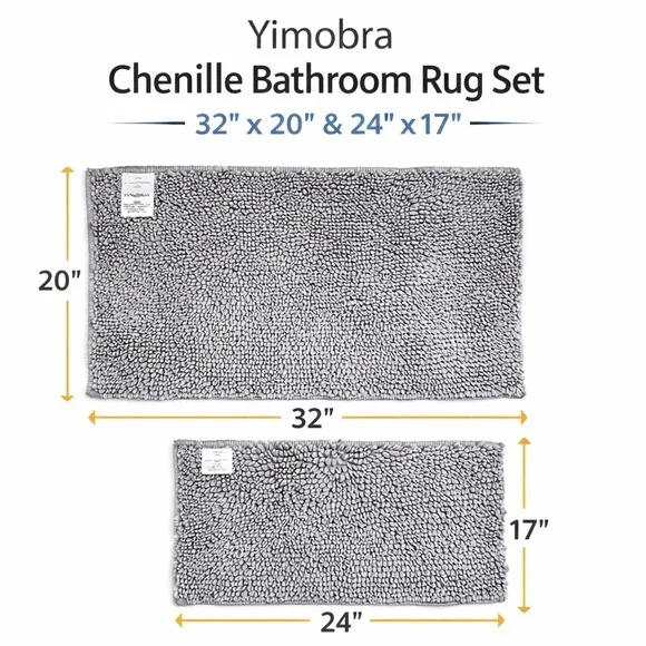 Yimobra Chenille Bathroom Rug Set 2pc Gray 32x20 & 24x17 Soft Non Slip Bath Mats