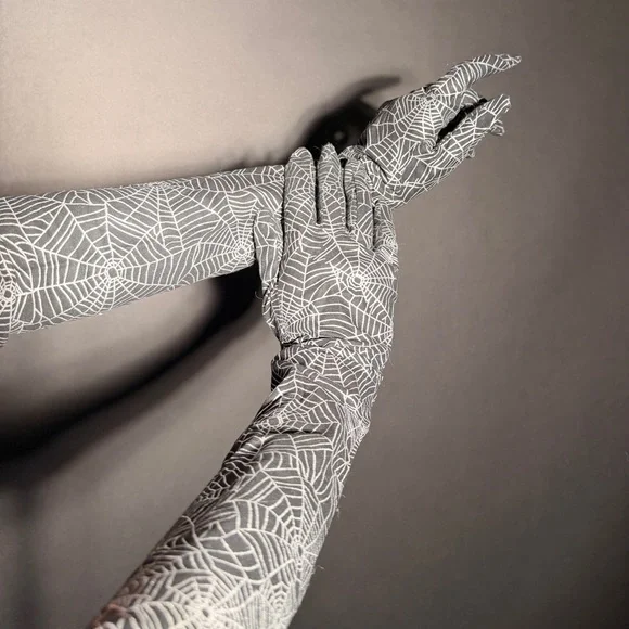 Black and Silver Spiderweb Long Opera Gloves