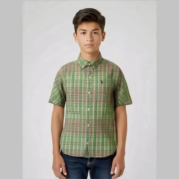 Ralph Lauren Boys Shirt Sz‎ 5 Green Orange Yellow Plaid Button Down Short Sleeve