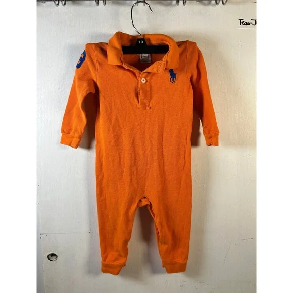 Ralph Lauren Polo Romper Baby Boy 9M Orange Good‎ Long Sleeve Big Pony 3 Patch