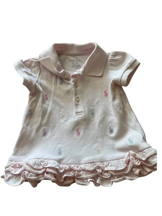 Ralph Lauren Baby Girl Polo Dress 3 Months Pink Ruffle Hem Embroidered Pony