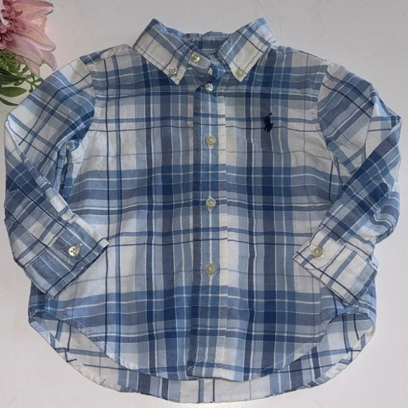 Baby Boy Ralph Lauren Oxford Shirt 12M White blue plaid button down Ralph