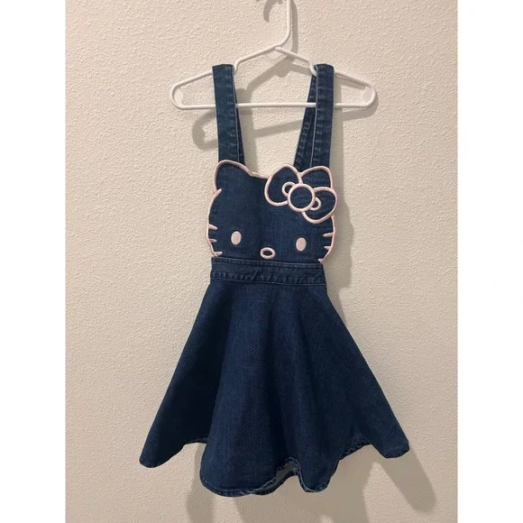 Hello Kitty Sanrio Kids Denim Overall Dress Skater Pinafore Blue Pink Embroidery