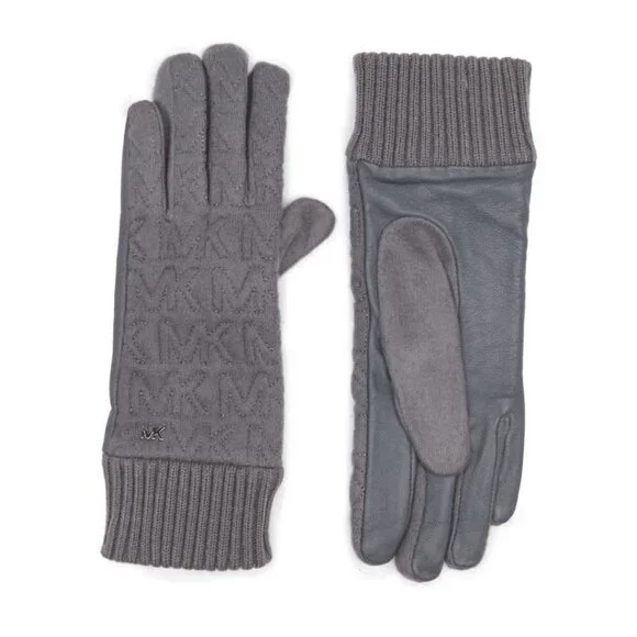 Michael Kors Logo Womens Gray Quilted Knit Leather Trim Gloves Sz M New