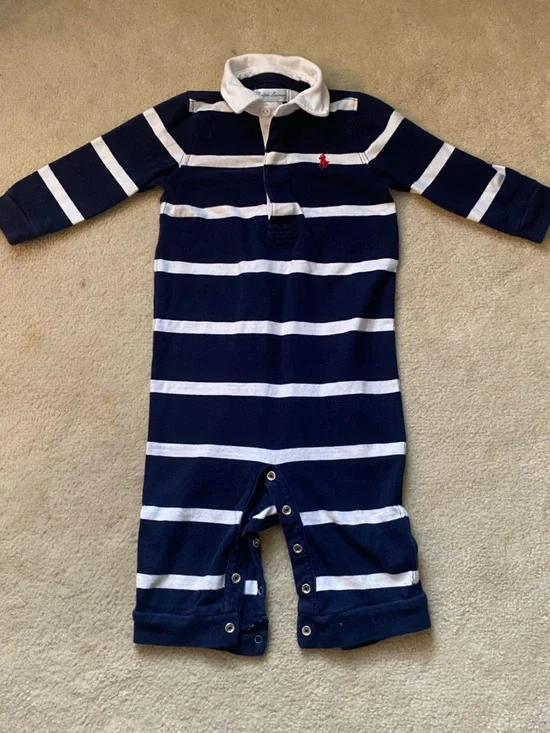 Ralph Lauren Baby Boy Blue White Striped Footie Jumpsuit Sleeper 9M Polo Collar