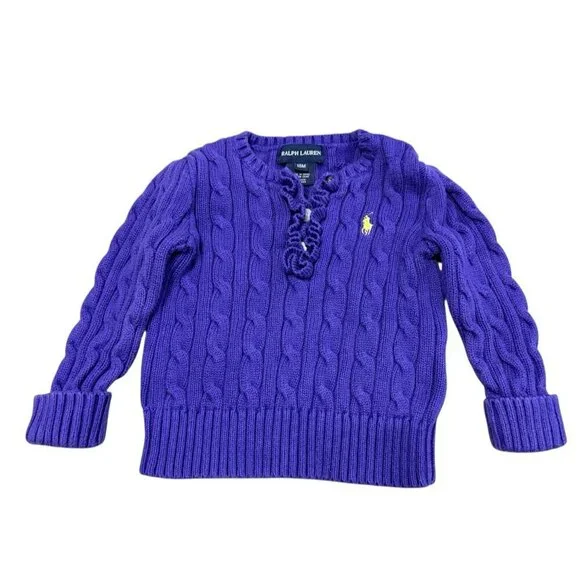 Ralph Lauren Girls Size 18 Month Purple Cable Knit Sweater Cuff Sleeve Ruffle