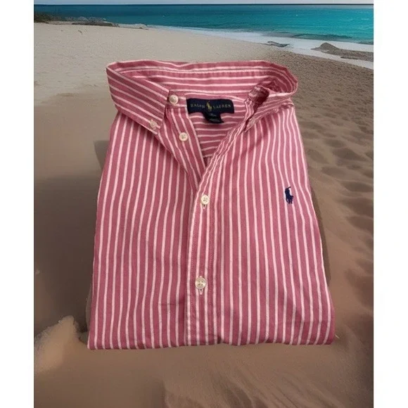 Ralph Lauren Shirt Boys Button Down XL (18-20) Pink White Striped Blue Pony Logo