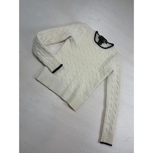 Ralph Lauren Kids Cashmere Cable Knit Sweater Cream Navy Blue Trim Slim Fit S