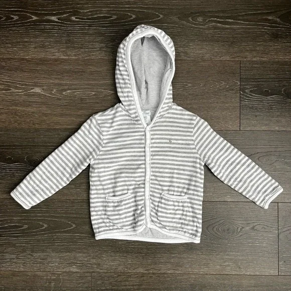 Polo Ralph Lauren Baby Hooded Reversible Cardigan 24 Months Gray‎ White Striped
