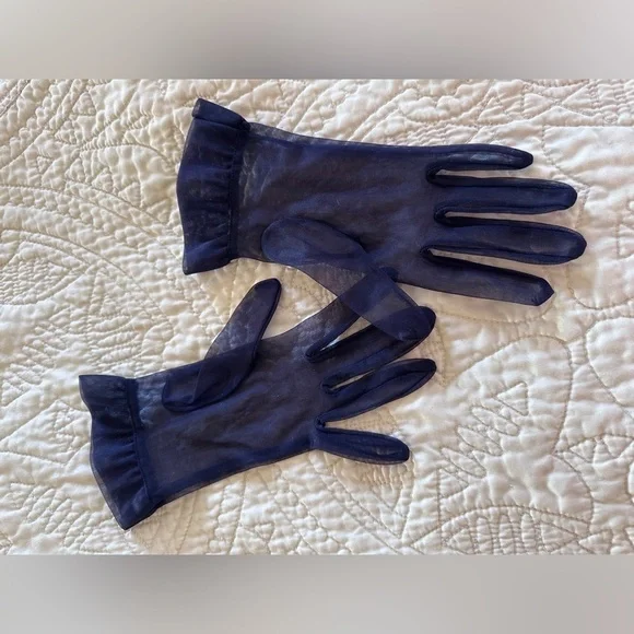 1950s Vintage Navy Sheer Nylon Gloves Small Medium