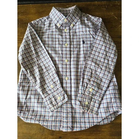 Polo Ralph Lauren Natural Stretch Boys 5 Oxford‎ Shirt Plaid Button Up Pony Logo
