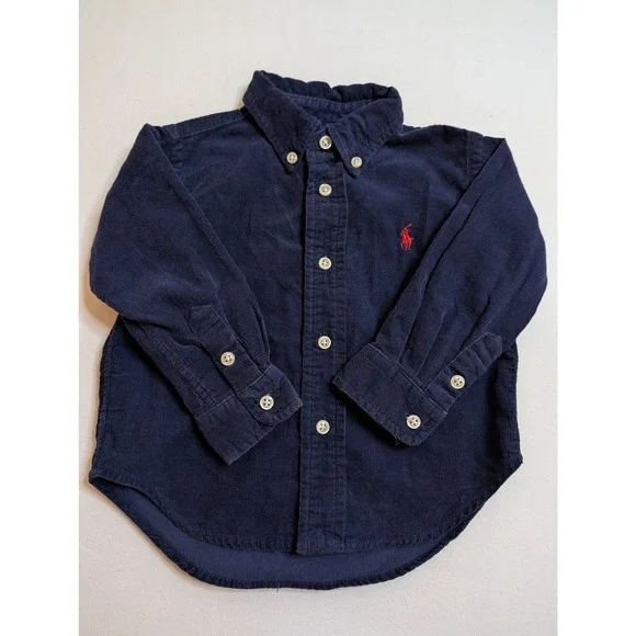 Ralph Lauren Navy Corduroy Button Down Shirt Long‎ Sleeve Pony Logo Kids 18M