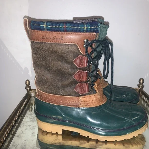 Eddie Bauer Boots Womens 7 Green Fleece Snow‎ Rain Leather Trim Tartan Duck