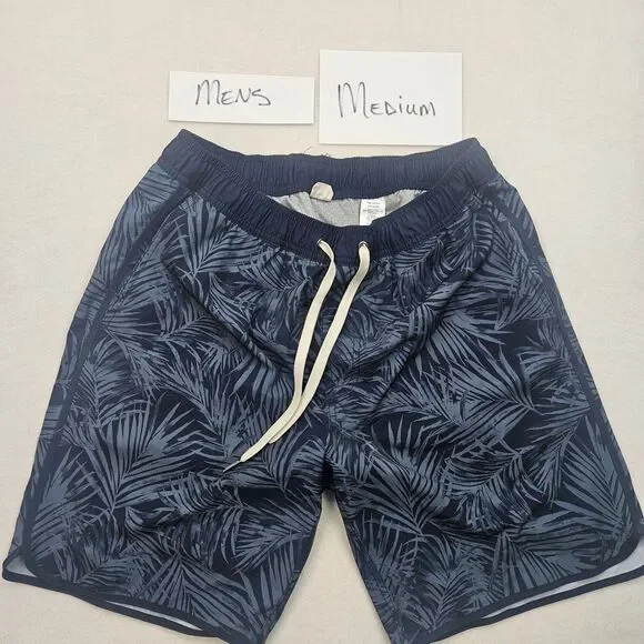 Fair Harbor Men's Activewear Swim Trunks Shorts Navy Blue Palm Leaf Medium