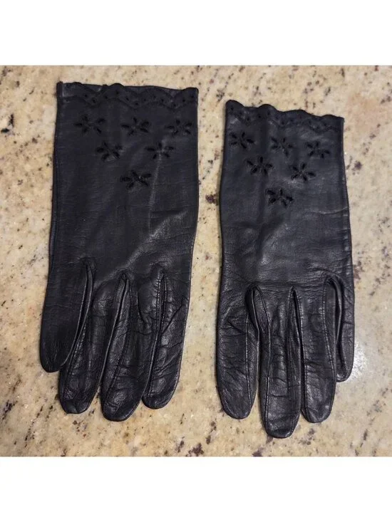 Vintage Womens Size S 6.5 Black Leather Formal Short Gloves Eyelet Flower