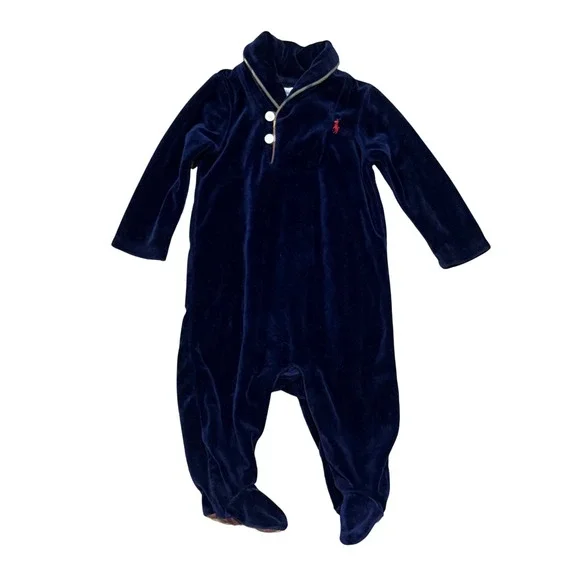 Ralph Lauren Baby Boys Navy Blue Velour Footed Sleeper Plaid Trim 6M
