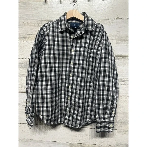 Ralph Lauren Button Down Kids Size 8/10 Black‎ White Plaid Long Sleeve EUC