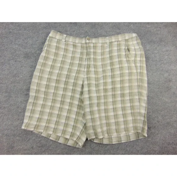 Tommy Bahama Shorts Mens 38 Plaid Green Linen Silk Blend Casual Beach Resortwear