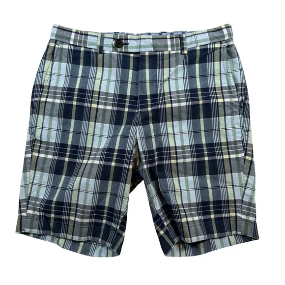 Brooks Brothers Bermuda Shorts Mens 32 Plaid Blue Green Cotton Stretch Waistband