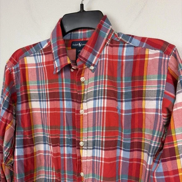 Ralph Lauren Shirt Boys 16 L Red‎ Plaid Long Sleeve Button Down Cotton Pony