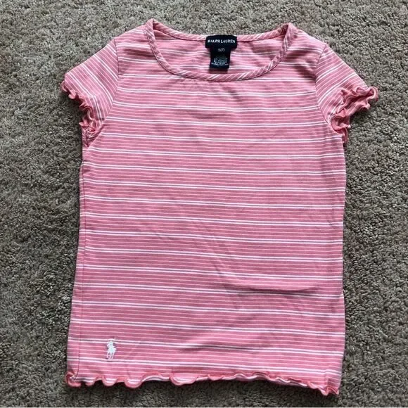 Ralph Lauren T-Shirt‎ Girls Small Pink Stripe Lettuce Edge Cotton