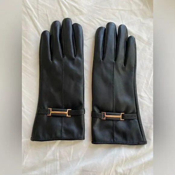 Ladies Black Leather Suede Winter Gloves