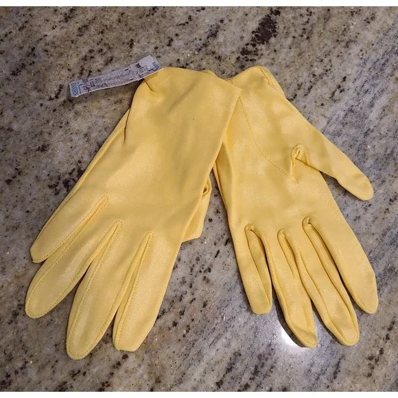 New! Vintage Size 6.5 Small Yellow Shiny Nylon Stretch Formal Gloves 7.5
