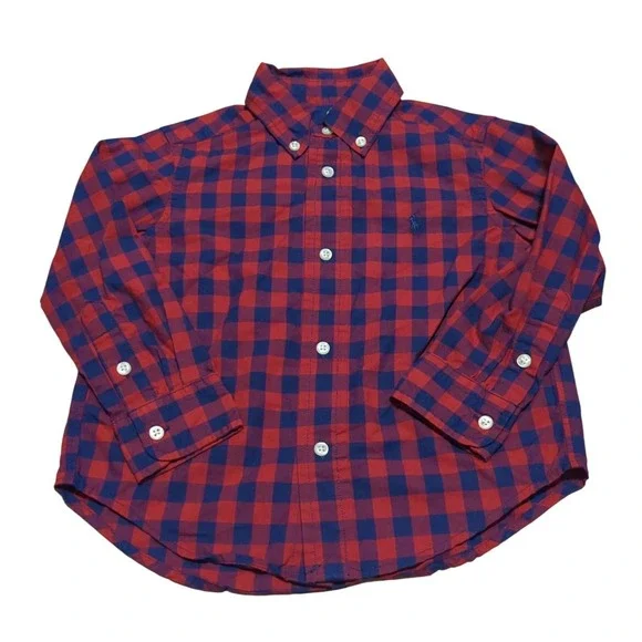 Ralph Lauren Navy Blue Red Checkered Long Sleeve Button Down Shirt Blue Pony 2T