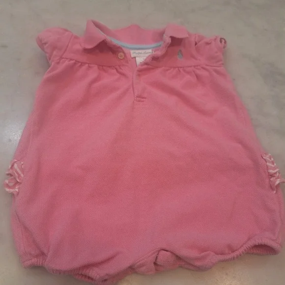 Ralph Lauren Polo‎ Romper Baby Girl Sz 9M Pink Ruffle Piqué One Piece Bubble