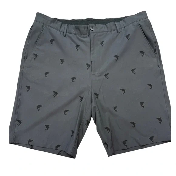 Greg Norman Golf Shorts Mens 38 Grey Excellent Shark Print Performance Stretch